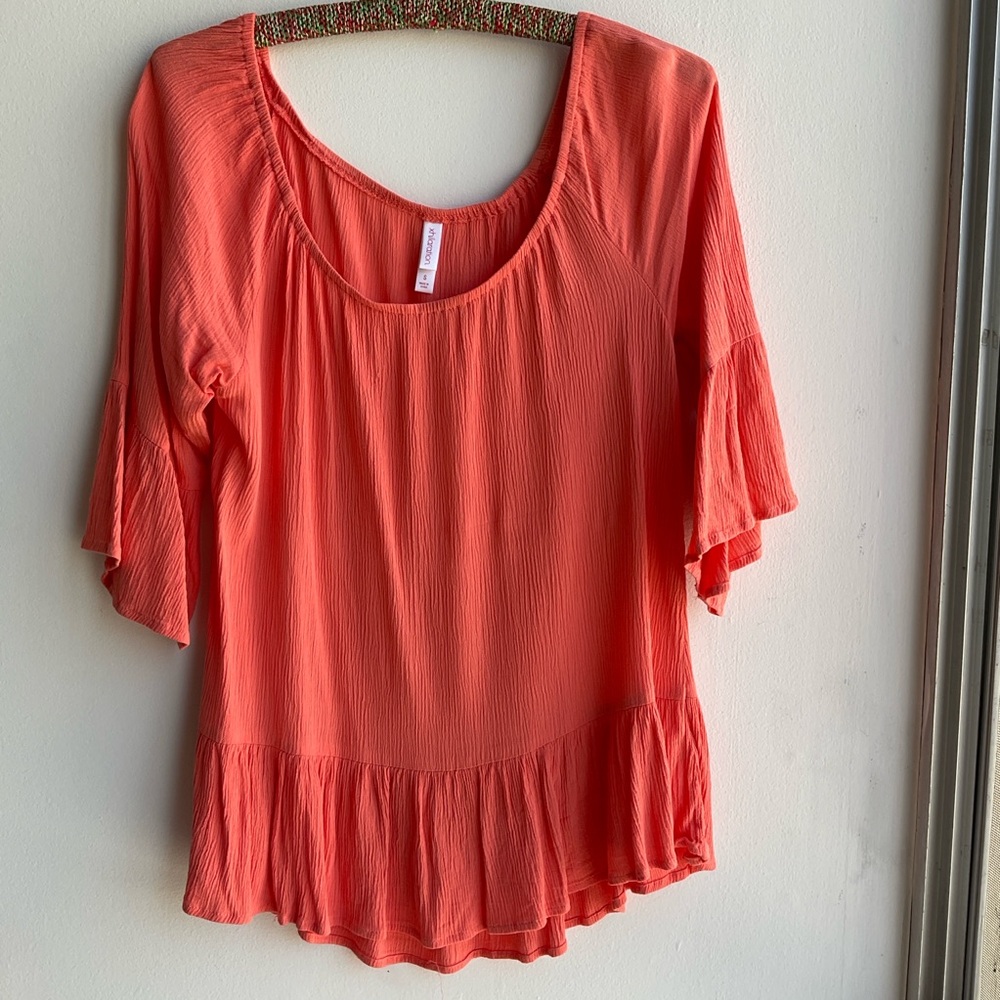 Xhilaration Coral Blouse with 3/4 Ruffled Flutter Sleeves